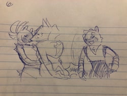 Size: 2048x1536 | Tagged: safe, artist:napstabl00k, surge the tenrec, tangle the lemur, whisper the wolf, 2024, high five, kiss, kiss and high five, lesbian, line art, lined paper, meme, shipping, sketch, traditional media, trio, whisper x surge
