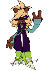 Size: 812x1200 | Tagged: safe, artist:head---ache, oc, tenrec, 2024, arm warmers, belt, blue sclera, bodysuit, chain, devil horns (gesture), fankid, magical lesbian spawn, oc only, parent:surge, parent:whisper, parents:whispurge, shoelaces, shoes, simple background, smile, solo, standing, transparent background, untied shoelace