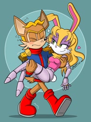 Size: 1536x2048 | Tagged: safe, artist:silvers_rings, antoine d'coolette, bunnie rabbot, coyote, rabbit, 2026, buntoine, carrying them, duo, female, heart, male, shipping, smile, straight, walking