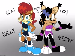 Size: 4000x3000 | Tagged: safe, artist:fartist2020, nicole the hololynx, sally acorn, character name, duo, gradient background, hand on hip, looking at viewer, redesign, smile, smiling at viewer