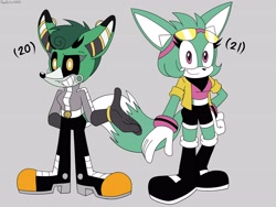 Size: 4000x3000 | Tagged: safe, artist:fartist2020, cassia the pronghorn, sonar the fennec, black sclera, duo, grey background, grin, hand behind back, hand on hip, looking at viewer, redesign, simple background, smile, smiling at viewer