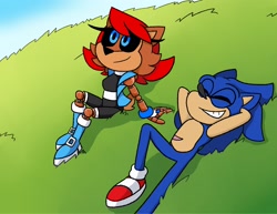 Size: 2048x1583 | Tagged: safe, artist:kittytale, sally acorn, sonic the hedgehog, chipmunk, hedgehog, 2026, arms behind head, daytime, duo, female, grass, hill, looking offscreen, looking up, lying down, male, outdoors, robot, roboticized, sally x sonic, sally's ringblader outfit, scar, shipping, sitting, smile, straight