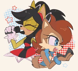 Size: 2048x1884 | Tagged: safe, artist:remimun, honey the cat, nicole the handheld, sally acorn, cat, chipmunk, 2026, duo, female, friendship, holding something, microphone, polka-dots, sally's vest and boots, simple background, singing, star (symbol)