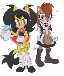 Size: 1725x2048 | Tagged: safe, artist:remimun, honey the cat, sally acorn, cat, chipmunk, 2026, blushing, clothes, duo, female, friendship, holding something, looking at viewer, maid outfit, napkin, plate, shy, simple background, smile, smiling at viewer, standing, teapot, white background