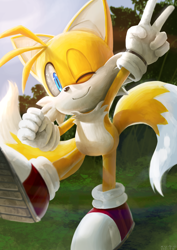 Size: 2480x3508 | Tagged: safe, artist:井上くと, miles "tails" prower, 2021, absurd res, clenched fist, daytime, faux 3d, fist, grass, lineless, looking at viewer, outdoors, reflection, smile, smiling at viewer, solo, standing, standing on one leg, treads, tree, v sign, wink, winking at viewer