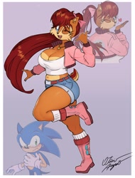 Size: 2651x3486 | Tagged: safe, artist:azul35art, sally acorn, sonic the hedgehog, chipmunk, hedgehog, 2025, busty sally, clothes, cosplay, duo, female, fully clothed, heart, jacket, kiss, looking at viewer, male, mario, mario kart, necklace, pose, princess peach, purple background, sally x sonic, shipping, shorts, simple background, solo focus, straight, wink