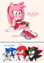 Size: 1750x2500 | Tagged: safe, artist:inked_whimsy, amy rose, knuckles the echidna, shadow the hedgehog, sonic the hedgehog, echidna, hedgehog, 2026, alternate outfit, amy x shadow, blushing, comic, dialogue, english text, face paint, female, fruit, holding something, male, quartet, score counter, scorecard, shipping, sitting, sparkles, straight, watermelon