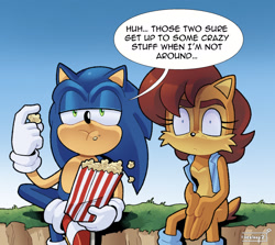 Size: 1920x1714 | Tagged: safe, artist:veeloopz, sally acorn, sonic the hedgehog, chipmunk, hedgehog, archie sonic online, 2025, daytime, dialogue, duo, eating, english text, food, holding something, popcorn, sally's vest and boots, sitting, speech bubble