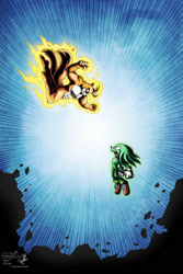 Size: 1333x2000 | Tagged: safe, artist:veeloopz, knuckles the echidna, miles "tails" prower, echidna, fox, archie sonic online, 2025, april fools, chaos knuckles, duo, fighting, male, titan tails