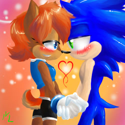 Size: 700x700 | Tagged: safe, artist:sn0wyangel, sally acorn, sonic the hedgehog, chipmunk, hedgehog, 2014, blushing, duo, female, heart, holding hands, looking at each other, male, sally x sonic, sally's ringblader outfit, shipping, sparkles, straight