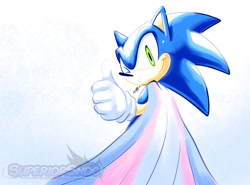 Size: 2048x1517 | Tagged: safe, artist:snoctheroach, sonic the hedgehog, 2026, cape, gradient background, looking at viewer, pride, signature, smile, solo, standing, thumbs up, trans pride, wink