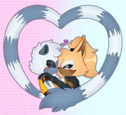Size: 2048x1870 | Tagged: safe, artist:astral_wisp, tangle the lemur, whisper the wolf, 2025, blushing, cute, duo, eyes closed, heart, heart tail, holding each other, lesbian, one fang, outline, shipping, side view, smile, tangabetes, tangle x whisper, valentine's day, whispabetes