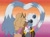 Size: 2048x1511 | Tagged: safe, artist:zeilart, tangle the lemur, whisper the wolf, lemur, wolf, 2025, duo, eye clipping through hair, eyes closed, female, flat colors, gradient background, heart tail, holding them, kiss, kiss on lips, lesbian, lesbian pride, lesbian visibility day, one fang, pride, pride flag background, shipping, side view, standing, tangle x whisper