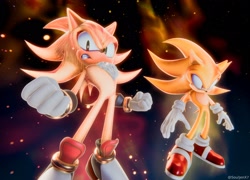 Size: 2048x1475 | Tagged: safe, artist:souljenx7, shadow the hedgehog, sonic the hedgehog, super shadow, super sonic, sonic adventure 2, 2026, 3d, clenched fists, clenched teeth, duo, flying, frown, looking at viewer, looking offscreen, mid-air, signature, space, super form