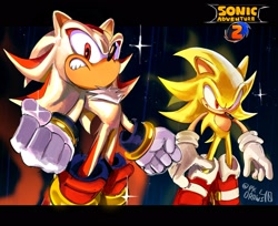 Size: 2048x1671 | Tagged: safe, artist:pk_draws_40, shadow the hedgehog, sonic the hedgehog, super shadow, super sonic, sonic adventure 2, 2026, clenched fists, clenched teeth, duo, flying, frown, mid-air, signature, soap shoes, space, sparkles, star (sky), super form