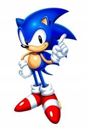 Size: 1390x2047 | Tagged: safe, artist:cumgyattler, sonic the hedgehog, 2026, classic sonic, classic style, clenched fist, hand on hip, lineless, pointing, simple background, solo, standing, style emulation, white background