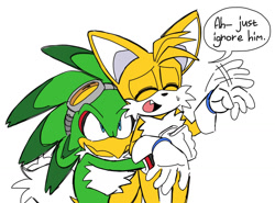 Size: 1192x882 | Tagged: safe, artist:ilovetails, jet the hawk, miles "tails" prower, 2025, age difference, dialogue, duo, english text, eyes closed, flat colors, gay, holding them, hugging, jetails, looking at them, mouth open, one fang, shipping, smile, speech bubble, standing, sweatdrop, talking, text, waving