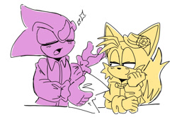 Size: 1131x751 | Tagged: safe, artist:ilovetails, espio the chameleon, miles "tails" prower, the murder of sonic the hedgehog, 2025, age difference, duo, espio x tails, eyes closed, gay, head rest, holding something, lidded eyes, looking at them, monochrome, paper, poem, shipping, simple background, talking, white background