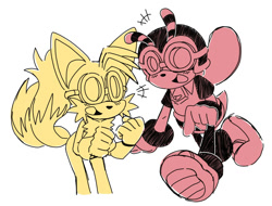 Size: 1182x900 | Tagged: safe, artist:ilovetails, charmy bee, miles "tails" prower, 2025, chaails, duo, flat colors, flying, gay, goggles, mid-air, monochrome, mouth open, shipping, simple background, smile, standing, treads, white background