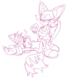 Size: 1110x1268 | Tagged: suggestive, artist:ilovetails, miles "tails" prower, rouge the bat, 2025, age difference, bubbles, duo, explicit description, femdom, heart, kneeling, lidded eyes, line art, looking at viewer, lying down, malesub, monochrome, mouth open, shipping, simple background, smile, straight, tailouge, white background
