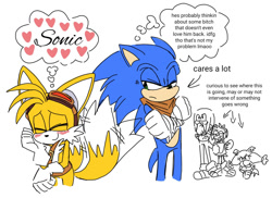 Size: 1344x979 | Tagged: safe, artist:ilovetails, amy rose, knuckles the echidna, miles "tails" prower, sonic the hedgehog, sticks the badger, 2025, age difference, arms folded, arrow, blushing, cross popping vein, cute, duo focus, english text, eyes closed, flat colors, frown, gay, group, heart, lidded eyes, looking at them, shipping, simple background, smile, sonic boom (tv), sonic x tails, standing, tailabetes, text, thought bubble, tsundere, wagging tail, white background