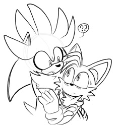 Size: 950x988 | Tagged: safe, artist:ilovetails, miles "tails" prower, silver the hedgehog, 2025, blushing, duo, frown, gay, holding each other, hugging, line art, looking at each other, mouth open, question mark, shipping, silvails, simple background, sweatdrop, talking, white background