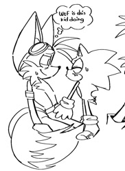 Size: 762x1048 | Tagged: safe, artist:ilovetails, miles "tails" prower, sonic the hedgehog, 2025, age difference, age swap, aged down, aged up, armband, attempted kiss, belt, classic sonic, dialogue, duo, english text, eyes closed, goggles, line art, looking at them, monochrome, shipping, sonic x tails, speech bubble, sweatdrop, text, wagging tail