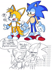 Size: 1347x1842 | Tagged: safe, artist:ilovetails, miles "tails" prower, sonic the hedgehog, 2025, age difference, blushing, covering mouth, duo, english text, exclamation mark, frown, gay, holding hands, looking offscreen, panicking, shipping, smile, sonic x tails, speech bubble, standing, sweatdrop, talking, text