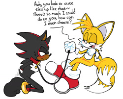 Size: 1322x1070 | Tagged: suggestive, artist:ilovetails, miles "tails" prower, shadow the hedgehog, 2025, age difference, blushing, collar, dark skin, dialogue, duo, english text, gay, holding something, kneeling, leash, looking at each other, maledom, malesub, mouth open, one fang, shadow x tails, shipping, simple background, sitting, smug, talking, wagging tail, white background