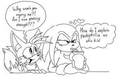 Size: 1248x793 | Tagged: safe, artist:ilovetails, knuckles the echidna, miles "tails" prower, 2025, crying, drink, drinking, duo, english text, holding something, line art, monochrome, one fang, pedophilia, shipping denied, smoothie, speech bubble, table, tears, text, thought bubble