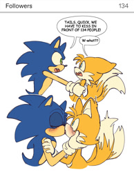 Size: 1358x1750 | Tagged: safe, artist:ilovetails, miles "tails" prower, sonic the hedgehog, 2025, age difference, blushing, dialogue, duo, english text, flat colors, floppy ears, follower count, fourth wall break, frizzed, gay, holding them, kiss, shipping, simple background, sonic x tails, speech bubble, surprise kiss, surprised, text, white background