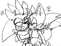 Size: 750x570 | Tagged: safe, artist:ilovetails, miles "tails" prower, silver the hedgehog, 2025, cute, duo, eyes closed, gay, laughing, line art, monochrome, mouth open, one fang, shipping, silvails, sitting, sketch, smile