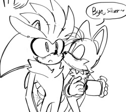 Size: 902x800 | Tagged: safe, artist:ilovetails, miles "tails" prower, silver the hedgehog, 2025, blushing, dialogue, duo, english text, eyes closed, gay, holding something, kiss, kiss on cheek, line art, monochrome, mug, shipping, silvails, simple background, sketch, speech bubble, standing, surprise kiss, surprised, sweatdrop, text, wagging tail, walking, white background