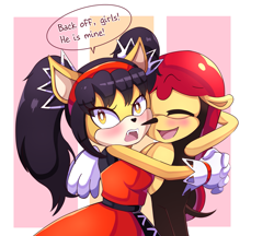 Size: 2547x2201 | Tagged: safe, artist:acualia, honey the cat, mighty the armadillo, armadillo, cat, 2022, blushing, dialogue, duo, english text, female, honey x mighty, hugging, laughing, male, protecting, shipping, speech bubble, straight