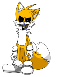 Size: 736x1000 | Tagged: safe, artist:menacemarcy, miles "tails" prower, oc, oc:2012y, oc:tails.exe, 2024, alternate universe, au:outcome memories, black sclera, bleeding, bleeding from eyes, bleeding from mouth, blood, blue blood, clenched teeth, grey shoes, looking at viewer, nosebleed, sharp teeth, simple background, smile, solo, standing, transparent background, yellow teeth