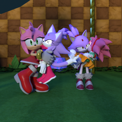Size: 900x900 | Tagged: safe, artist:yuniegami, amy rose, blaze the cat, 2026, 3d, amy x blaze, carrying them, classic amy, classic blaze, cute, grass, group, hugging, lesbian, orange brown checkerboard, outdoors, palm tree, self paradox, shipping, standing, tree