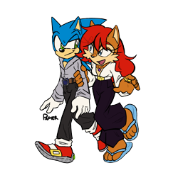 Size: 4917x4858 | Tagged: safe, artist:tracingpapier, sally acorn, sonic the hedgehog, chipmunk, hedgehog, 2023, alternate outfit, blank background, clothes, duo, female, male, necklace, older, sally x sonic, shipping, straight, talking, walking