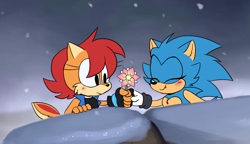Size: 2356x1357 | Tagged: safe, artist:syrcaii, sally acorn, sonic the hedgehog, oc, oc:maurice the hedgehog (syrcaii), chipmunk, hedgehog, 2023, alternate universe, au:resonance, blushing, classic sally, classic sonic, duo, eyes closed, female, flower, giving object, holding something, nonbinary, sally x sonic, sally's ringblader outfit, shipping, smile, snowing, straight