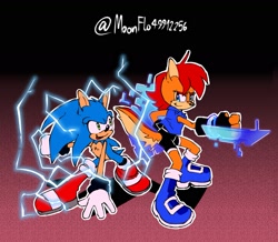 Size: 1669x1455 | Tagged: safe, artist:applexd-moonflo, sally acorn, sonic the hedgehog, oc, oc:maurice the hedgehog (syrcaii), chipmunk, hedgehog, 2022, alternate outfit, alternate universe, au:resonance, duo, electricity, female, fighting pose, looking at each other, nonbinary, pose, sally x sonic, sally's ringblader outfit, shipping, simple background, straight