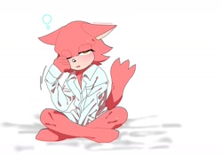 Size: 1754x1240 | Tagged: safe, artist:krymgenkaiotaku, gadget the wolf, 2026, barefoot, blushing, bubble, floppy ears, grey background, lidded eyes, looking at viewer, one eye closed, pijamas, rubbing eye, shirt, signature, simple background, sitting, solo, tired, waking up