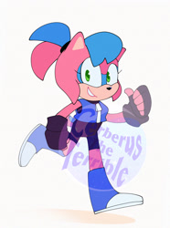 Size: 1527x2048 | Tagged: safe, artist:cerberustheterrible, oc, oc:alice acorn, chipmunk, 2024, fankid, female, looking at viewer, parent:sally, parent:sonic, parents:sonally, running, simple background, smile, solo, watermark, white background
