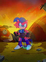 Size: 1536x2048 | Tagged: safe, artist:cerberustheterrible, oc, oc:alice acorn, chipmunk, 2024, debris, destroyed robot, fankid, female, fighting pose, fire, looking at viewer, parent:sally, parent:sonic, parents:sonally, pose, redraw, solo, watermark