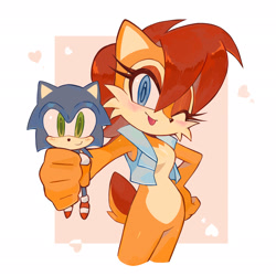 Size: 2048x2048 | Tagged: safe, artist:candleyy, sally acorn, sonic the hedgehog, chipmunk, hedgehog, 2025, blushing, cute, duo, female, heart, holding something, macro, male, sally x sonic, sally's vest and boots, shipping, smile, straight, tongue out, valentine's day, wink