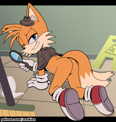 Size: 3000x3151 | Tagged: suggestive, artist:senshion, miles "tails" prower, the murder of sonic the hedgehog, 2024, all fours, broom, butt, caution sign, clenched teeth, hat, lidded eyes, looking at viewer, looking back, looking back at viewer, magnifying glass, poncho, smile, solo, style emulation, tail aside, tmosth style, toilet paper, treads, wink