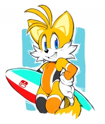 Size: 1344x1586 | Tagged: safe, artist:erosuke, miles "tails" prower, abstract background, arm sleeves, clenched teeth, clothes, ear fluff, flat colors, grin, hand on hip, holding something, looking at viewer, mario and sonic at the 2020 olympic games, nintendo switch logo, outline, smile, smiling at viewer, solo, standing, stockings, surfboard, swimsuit, white outline