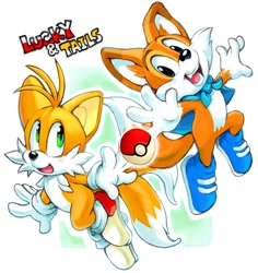 Size: 1148x1218 | Tagged: safe, artist:erosuke, miles "tails" prower, fox, 2019, alternate eye color, blue shoes, cape, character name, crossover, cute, duo, english text, gradient background, green eyes, looking at them, looking at viewer, lucky swiftail, mid-air, mouth open, new super lucky's tale, open smile, outline, pokeball, pokemon, reaching out, reaching towards the viewer, smile, smiling at viewer, tailabetes, text, white outline
