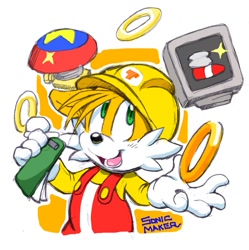 Size: 949x952 | Tagged: safe, artist:erosuke, miles "tails" prower, 2019, abstract background, alternate eye color, alternate outfit, clothes, crossover, english text, green eyes, hard hat, hat, holding something, looking up, monitor, mouth open, nintendo, notepad, open smile, outline, overalls, pen, ring, smile, solo, speed monitor, spring, standing, super mario maker, text, white outline