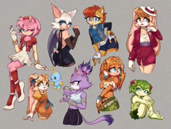 Size: 2048x1548 | Tagged: safe, artist:4rt3mu5, amy rose, blaze the cat, cosmo the seedrian, cream the rabbit, rouge the bat, sally acorn, tikal, vanilla the rabbit, bat, cat, chao, chipmunk, echidna, hedgehog, rabbit, seedrian, 2026, clothes, crop top, dress, female, fully clothed, group, hat, heart, pants, pose, shirts, shorts, simple background, sitting, smile, standing, walking