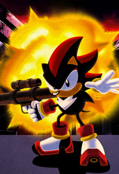 Size: 2628x3840 | Tagged: safe, artist:zandar-thunder, shadow the hedgehog, 2025, alternate version, bazooka, classic shadow, english text, explosion, holding something, redraw, shadow the hedgehog (video game), solo, standing, style emulation, text, weapon