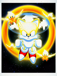 Size: 2400x3200 | Tagged: safe, artist:zandar-thunder, flicky, miles "tails" prower, super tails, 2025, clenched fists, flying, front view, frown, group, looking at viewer, mid-air, ring, spinning tails, star (sky), super form